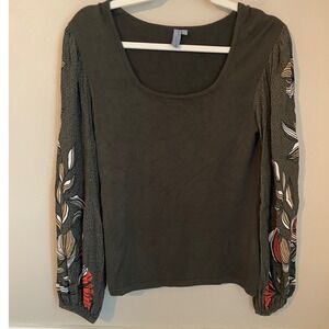 Blank‎ London Anthropologie Size S Olive Green Scoop Neck Top Floral Sleeve